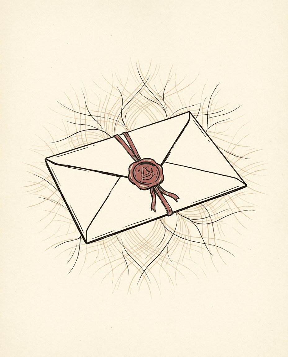 A wax-sealed editorial dispatch envelope with a red ribbon, on aged paper with a faint neural-line watermark.